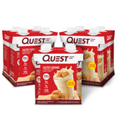 Quest salted caramel front packaging showing bottle and branding, perfect portable protein
