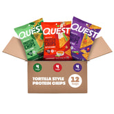Quest tortilla protein chips box front showing variety pack and protein benefit