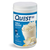 Quest front canister showing product branding and benefit of creamy low-sugar shake