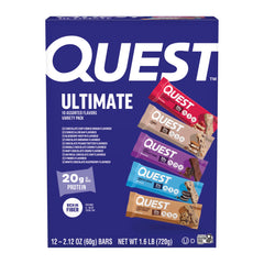 Quest front packaging showing twelve-count variety pack and convenience