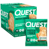 Quest white chocolate macadamia front packaging showing 12-count carton and flavor benefits