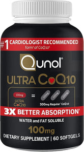 Qunol front bottle showing label and 60 softgels benefit absorption