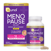 Qunol bottle front view showing menopause relief packaging and benefits