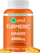 Qunol bottle front label showing turmeric formula and 105 capsules benefit clear identification