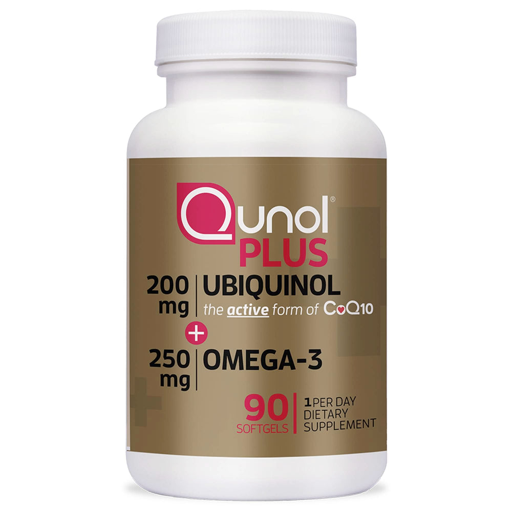 Qunol front packaging showing ubiquinol plus omega-3 benefits