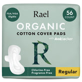 Rael front packaging showing 56-count and organic cotton benefits