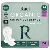 Rael front packaging showing 24-count XL overnight pads and product benefit