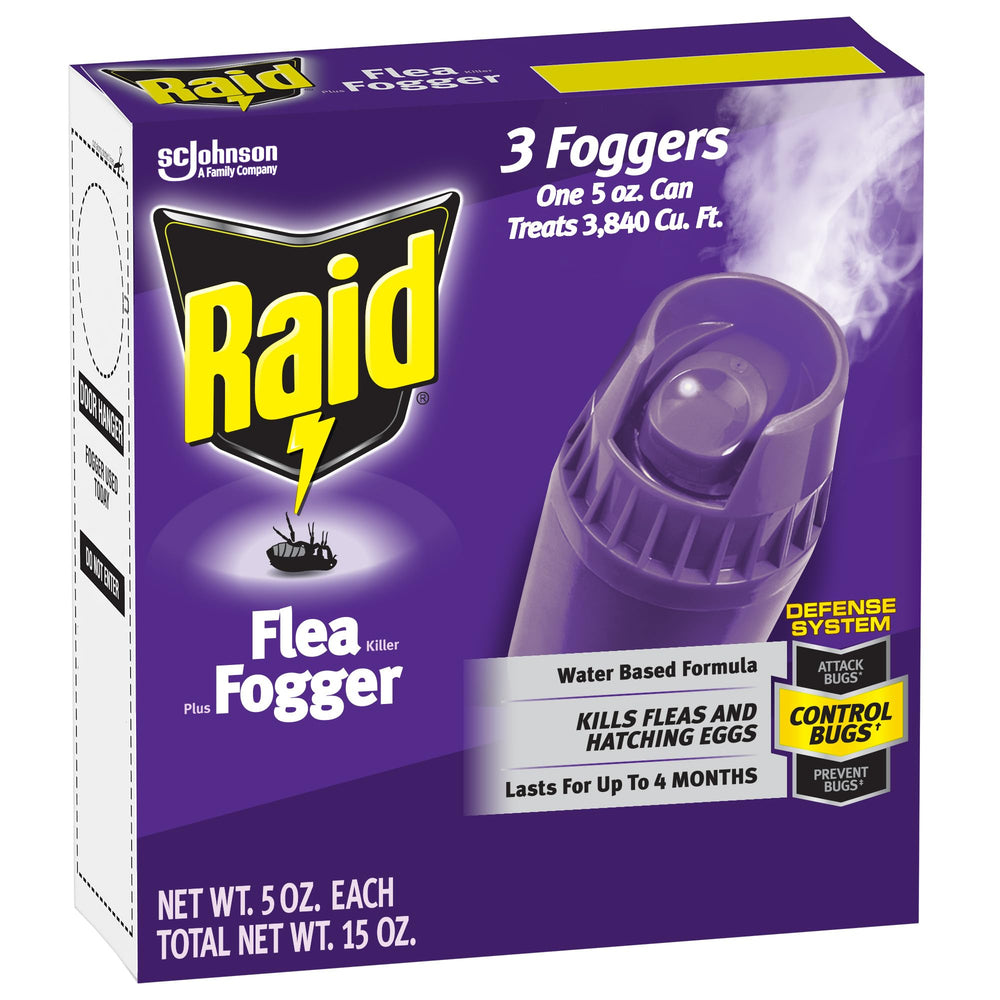 Raid fogger front packaging showing three cans and benefits of whole-room control