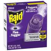 Raid fogger front packaging showing three cans and benefits of whole-room control