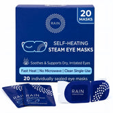 Rain front package showing 20 self-heating steam eye masks for convenience