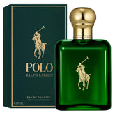 Ralph Lauren Polo bottle front view showing deep green glass and clean silhouette for classic style