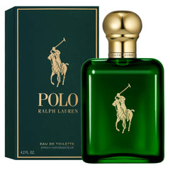 Ralph Lauren Polo bottle front view showing deep green glass and clean silhouette for classic style