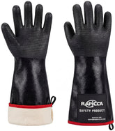 RAPICCA gloves front packaging showing 14-inch cuff and heat rating for confident grilling