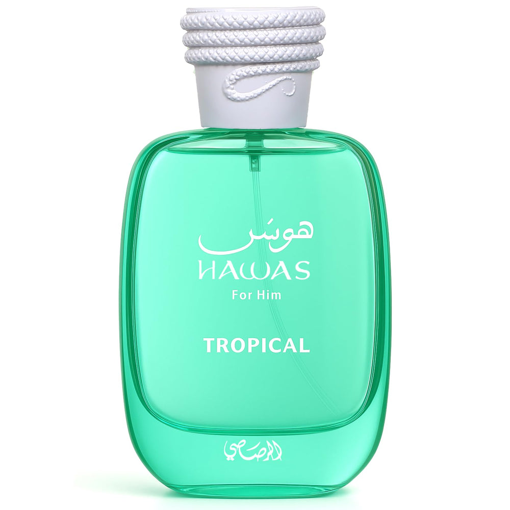 Rasasi Hawas Tropical front bottle showing packaging and label for confident daytime scent