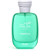 Rasasi Hawas Tropical front bottle showing packaging and label for confident daytime scent