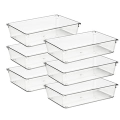 Ravinte clear bins front view showing six-piece set and tidy storage benefit