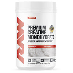 RAW front packaging showing simple unflavored creatine label and servings benefit