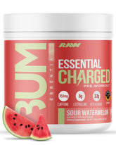 RAW jar front view showing Essential CHARGED label and serving details for easy selection