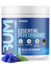 RAW front packaging showing tub and Blue Rathberry flavor, clear ingredient benefit