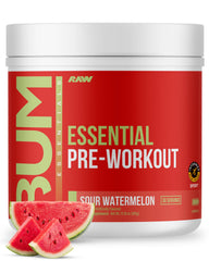 RAW pre-workout front packaging shows bold label and flavor benefit