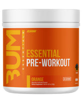 RAW essential pre-workout orange front packaging showing brand and flavor benefits
