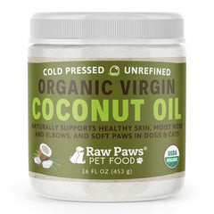 Raw Paws jar front view showing label and organic coconut oil benefits