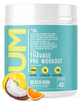 RAW Thavage front tub showing label and Beach Bum flavor, highlights product identity and appeal