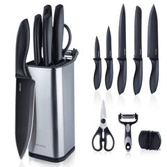RAXCO front view of 10-piece knife set with block showing compact storage benefit