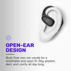 Raycon open ear charging case open with earbuds showing portability