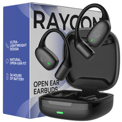 Raycon open ear earbuds front packaging showing product and benefits