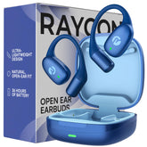 Raycon front view of blue open ear earbuds showing sleek design and easy access