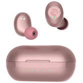 Raycon front packaging showing rose gold earbuds and case, highlights compact portability