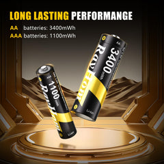 RayHom AA cell closeup highlighting label and constant 1.5V output benefit