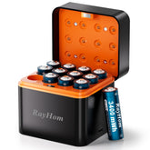 RayHom front view of charger with twelve batteries showing organized storage and quick access
