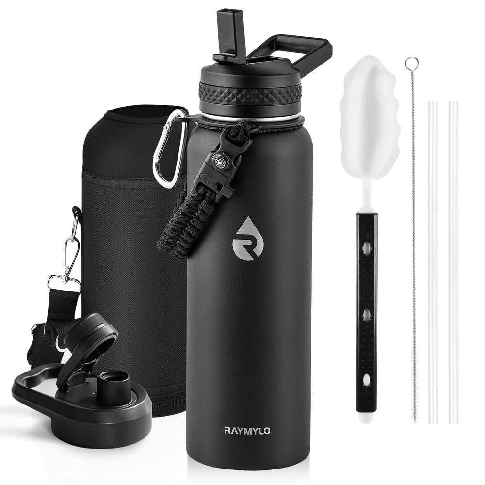 RAYMYLO bottle front view showing 40 oz capacity and powder coat benefit