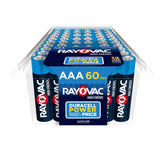 Rayovac AAA 60-pack front packaging showing quantity and branding benefit bulk supply