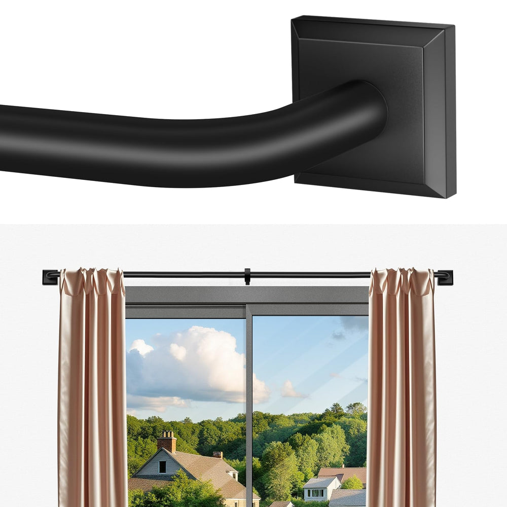 RBYCOS curtain rod front view showing sleek matte black finish and packaging benefit of style