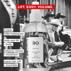 R+Co DALLAS being sprayed into hair for root lift and instant volume during styling