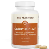 Real Mushrooms front label showing cordyceps bottle and benefits