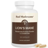 Real Mushrooms front label showing product name and 120ct benefits