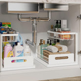 REALINN front view showing assembled L-shaped under-sink organizer and storage benefit