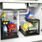 REALINN front view showing full L-shaped under-sink organizer for tidy storage