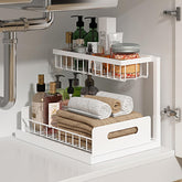 REALINN front view of under-sink organizer showing tidy storage and easy reach