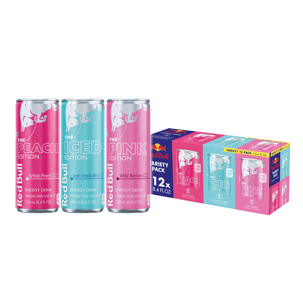 Red Bull variety pack front box showing three edition cans and convenience