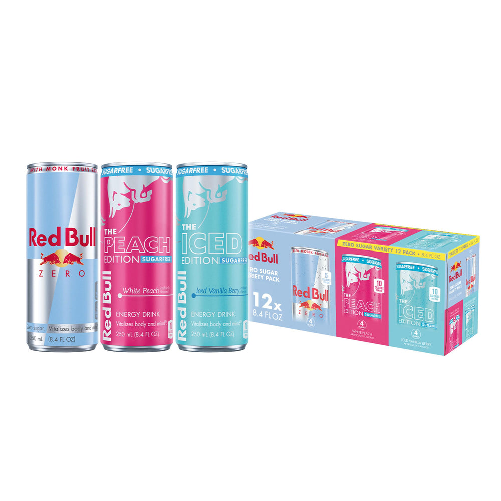 Red Bull variety pack front view showing three sugarfree flavors and recyclable cans benefit