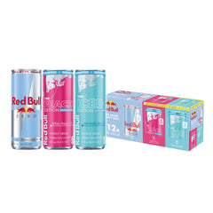 Red Bull variety pack front view showing three sugarfree flavors and recyclable cans benefit