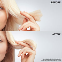 Redken serum applied to damp hair mid-lengths and ends for repair