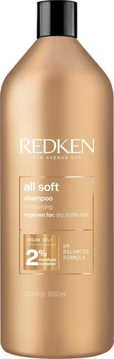 Redken All Soft shampoo front bottle showing branding and sleek packaging benefit: professional hydration