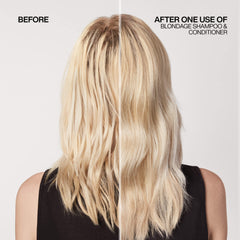 Redken Blondage applied to blonde hair mid-application for toning benefit