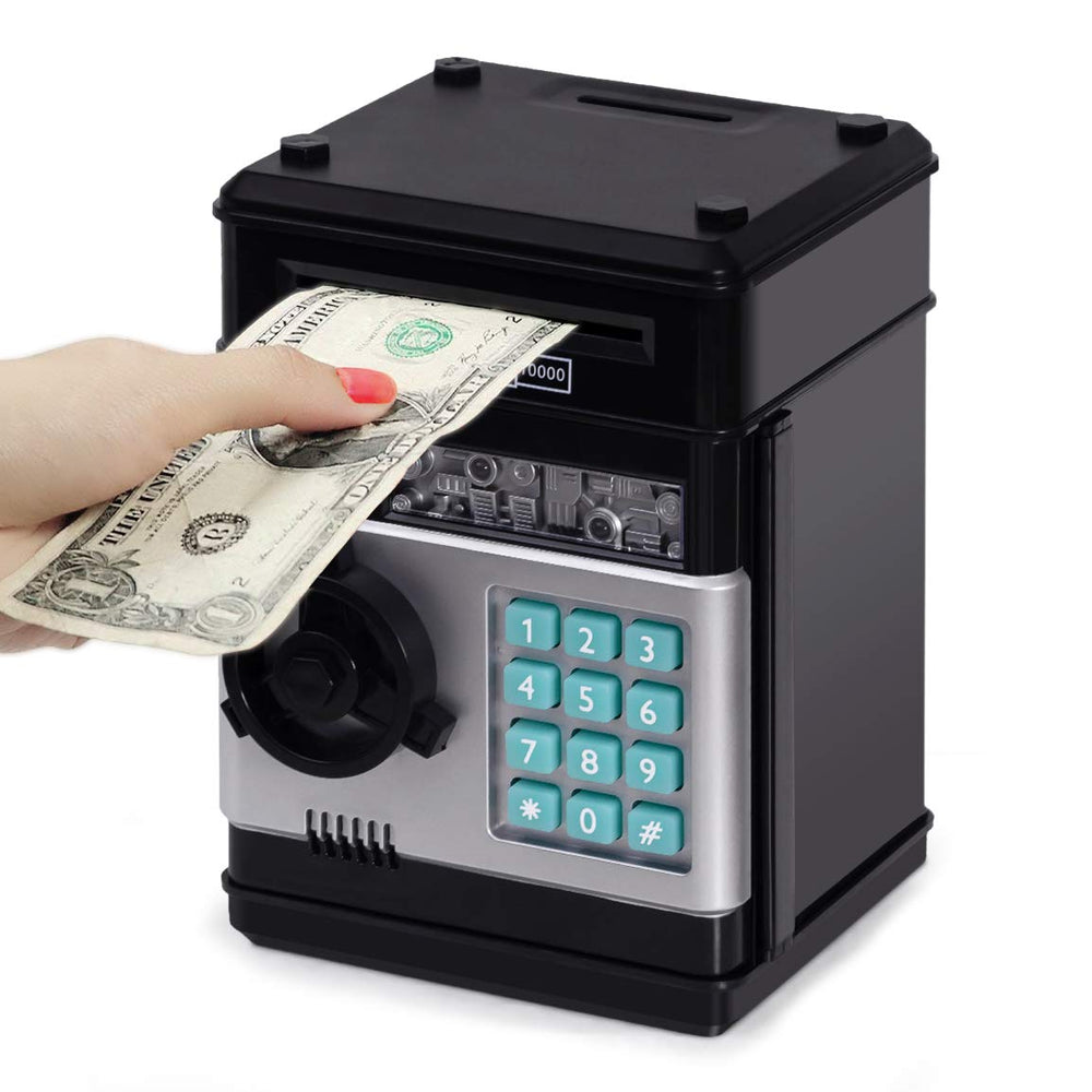 Refasy front view of electronic ATM piggy bank showing secure door and slot benefit saving